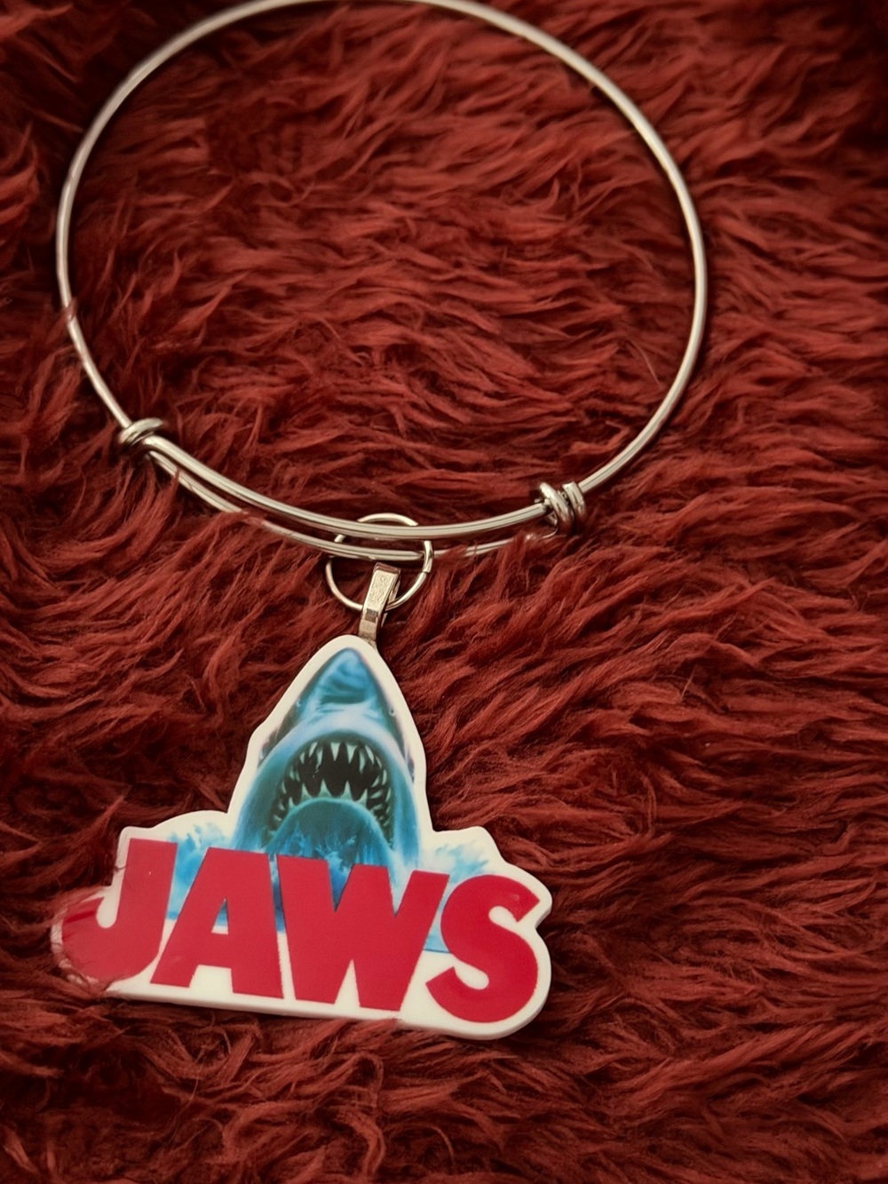 Jaws Shark Logo Silver Charm Bangle Bracelet - Red and Blue